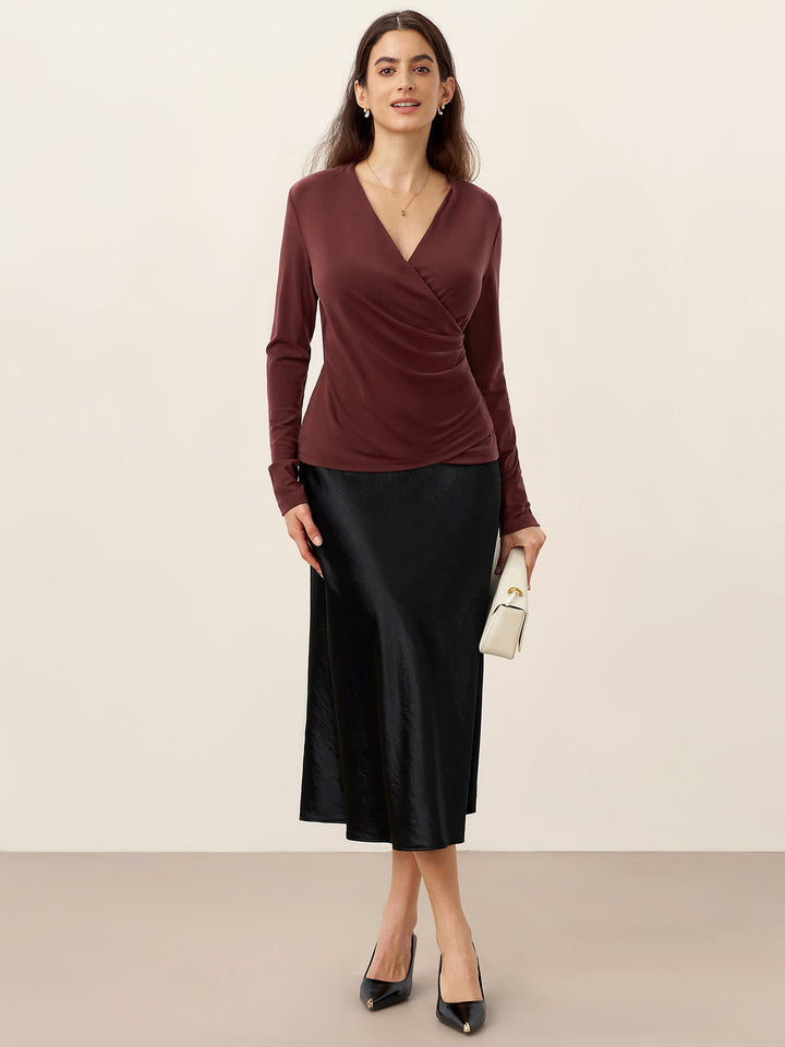 Wool Lyocell Asymmetric Ruched Overlap V-Neck Top TILLY