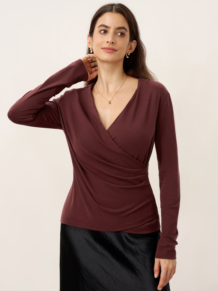 Wool Lyocell Asymmetric Ruched Overlap V-Neck Top TILLY