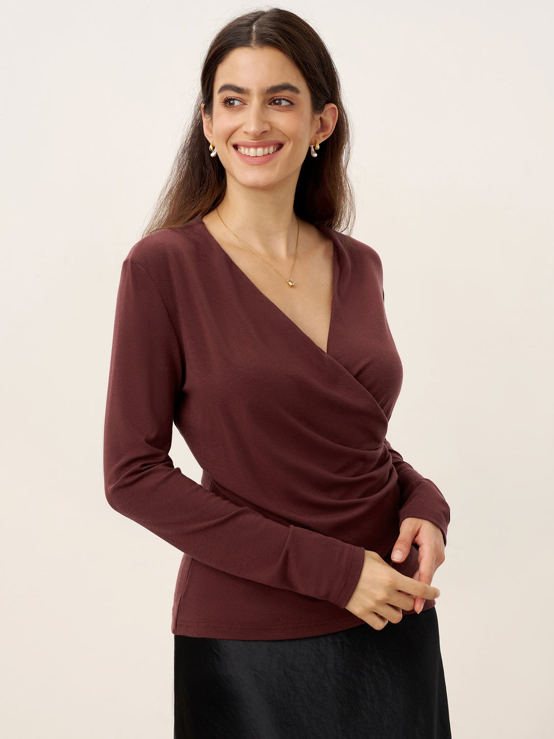 Wool Lyocell Asymmetric Ruched Overlap V-Neck Top TILLY