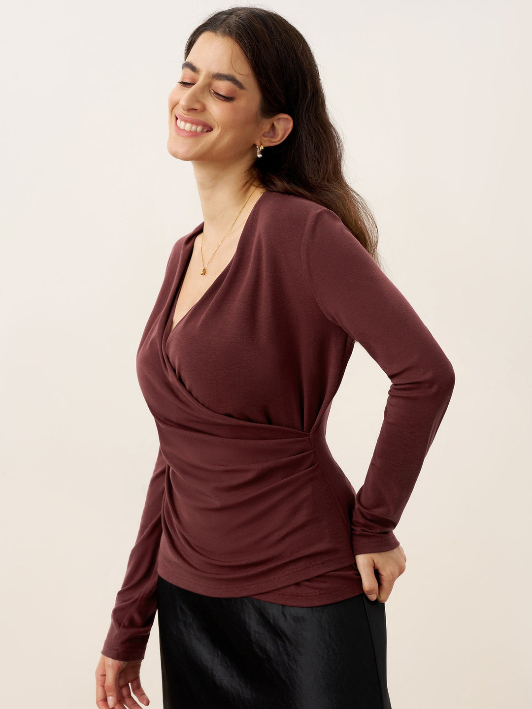 Wool Lyocell Asymmetric Ruched Overlap V-Neck Top TILLY