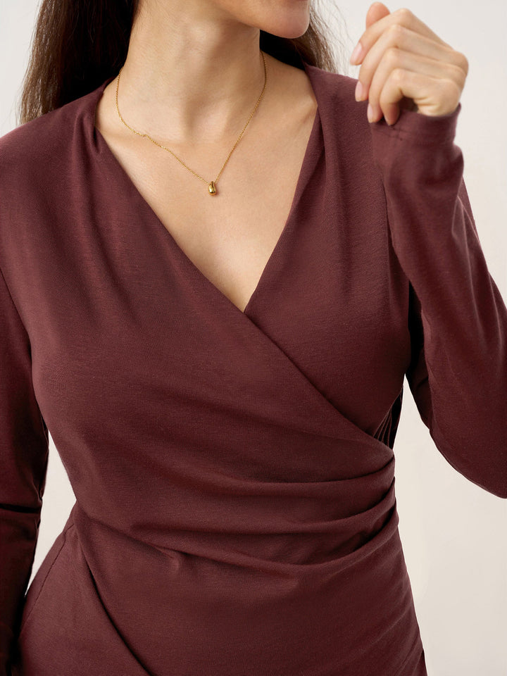 Wool Lyocell Asymmetric Ruched Overlap V-Neck Top TILLY