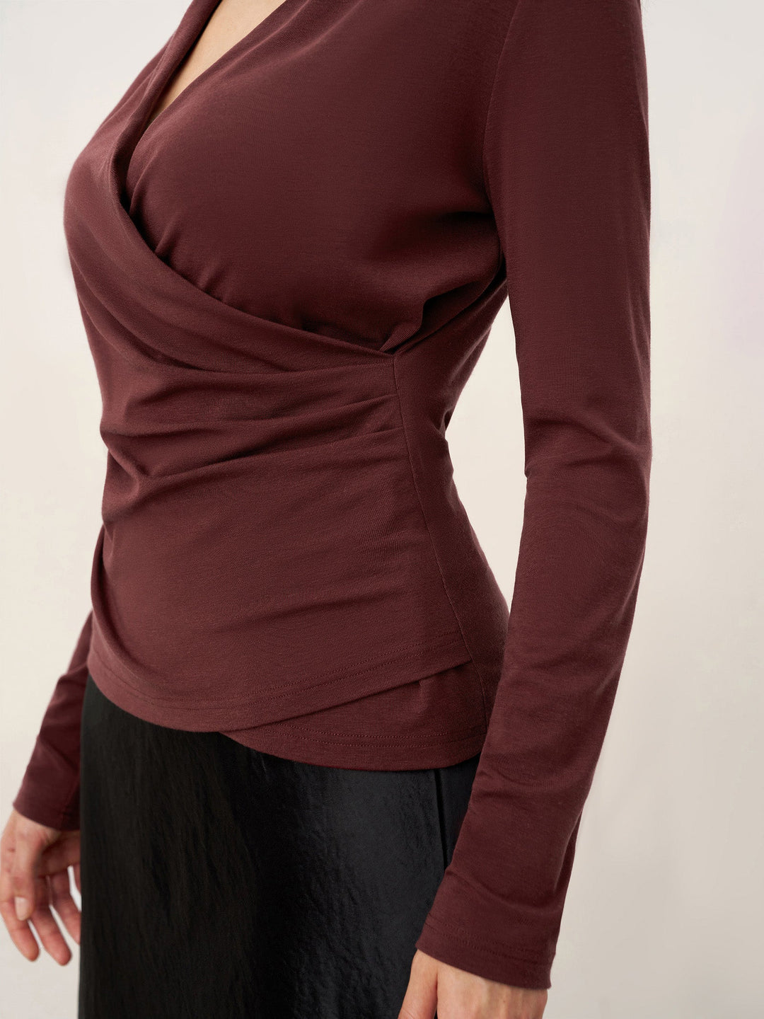 Wool Lyocell Asymmetric Ruched Overlap V-Neck Top TILLY