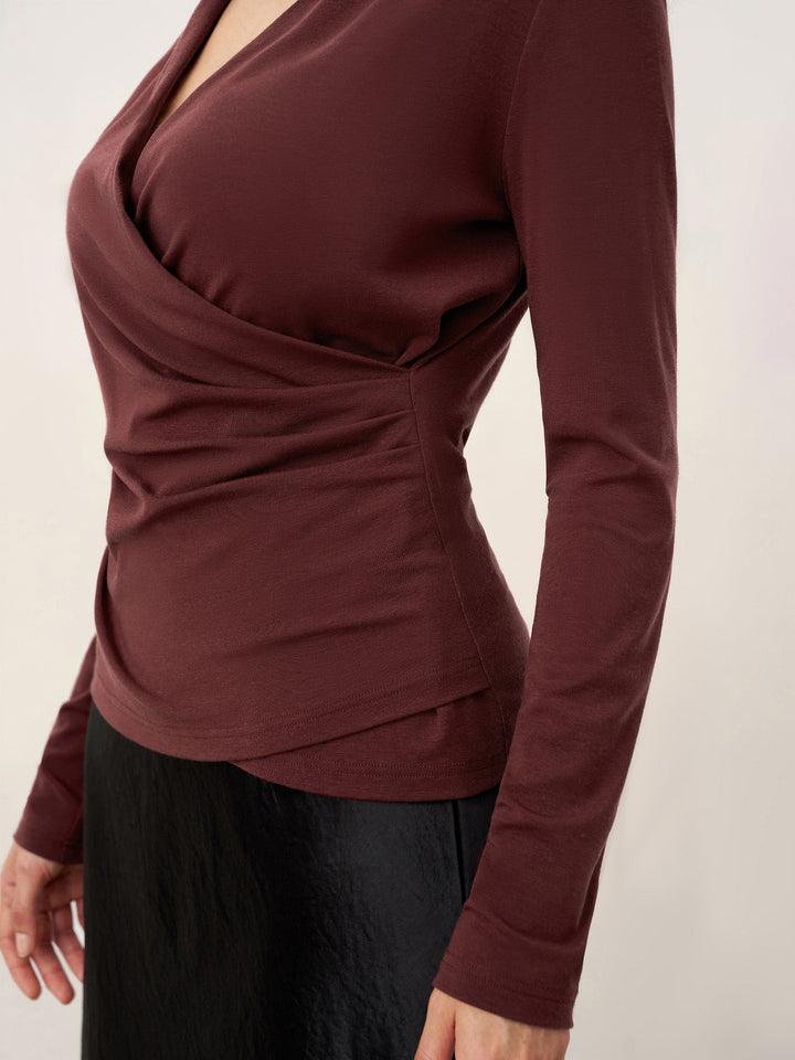 Wool Lyocell Asymmetric Ruched Overlap V-Neck Top TILLY