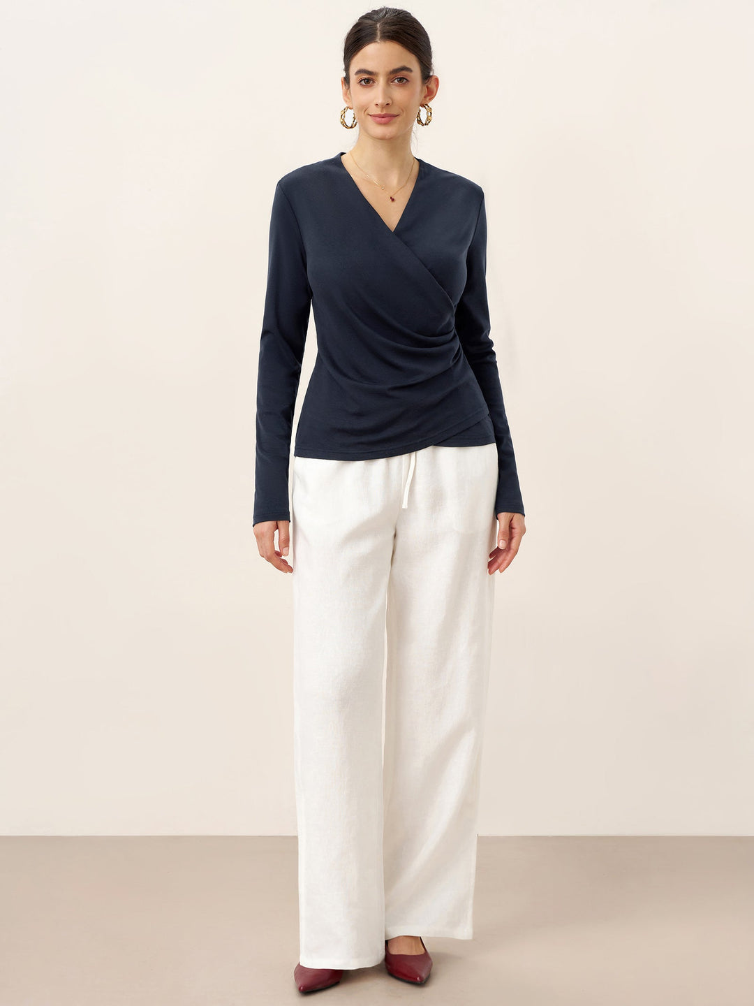 Wool Lyocell Asymmetric Ruched Overlap V-Neck Top TILLY