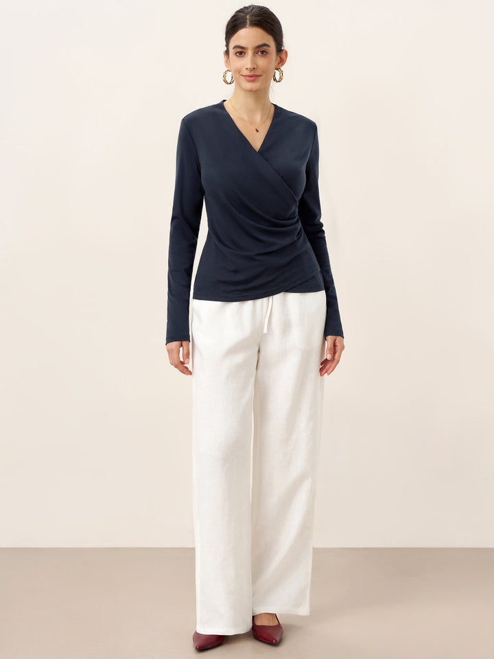 Wool Lyocell Asymmetric Ruched Overlap V-Neck Top TILLY