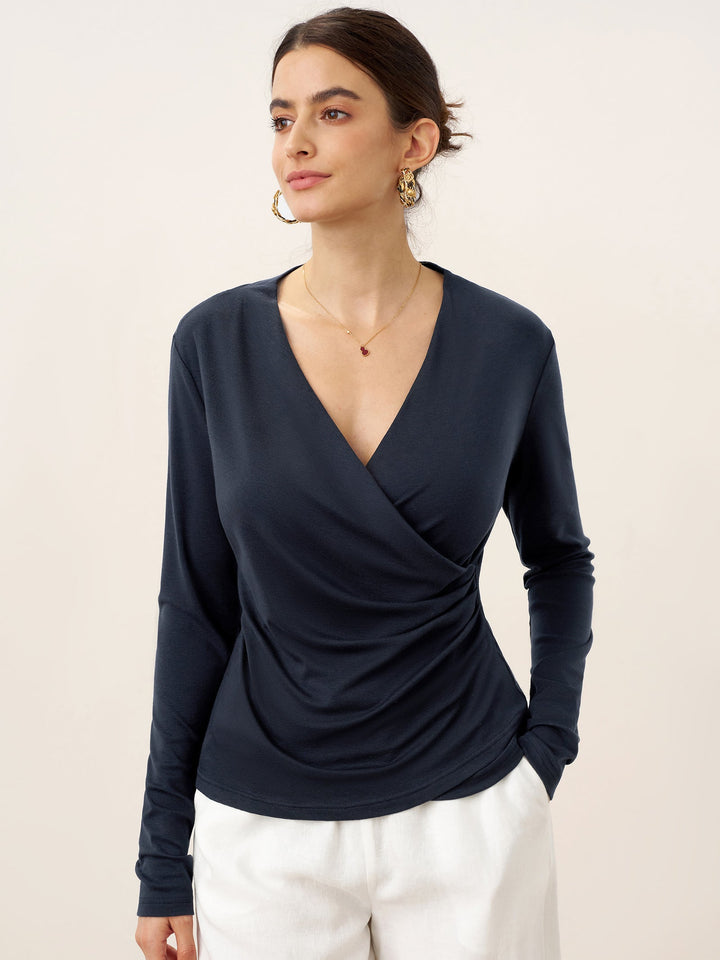 Wool Lyocell Asymmetric Ruched Overlap V-Neck Top TILLY