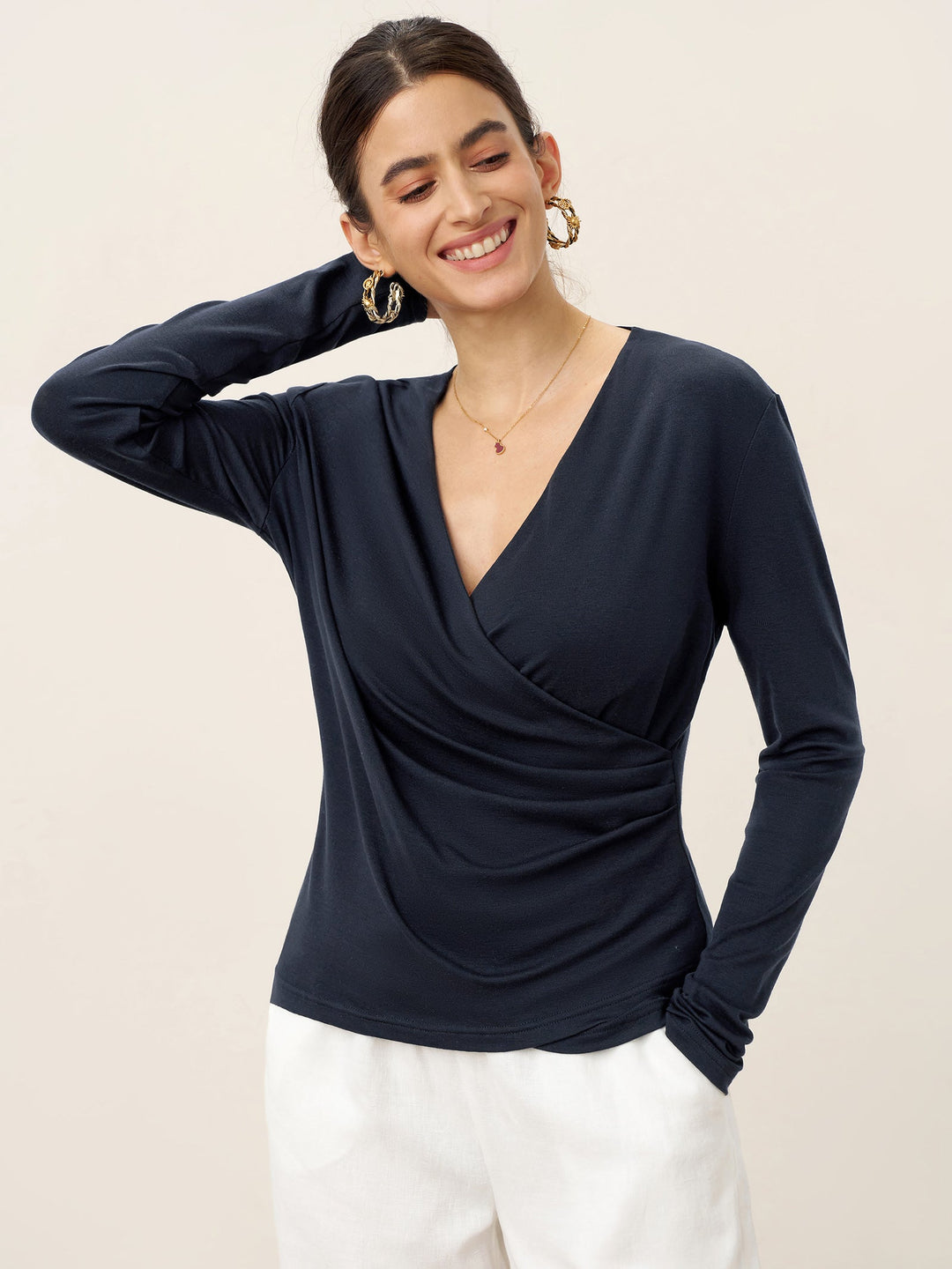 Wool Lyocell Asymmetric Ruched Overlap V-Neck Top TILLY