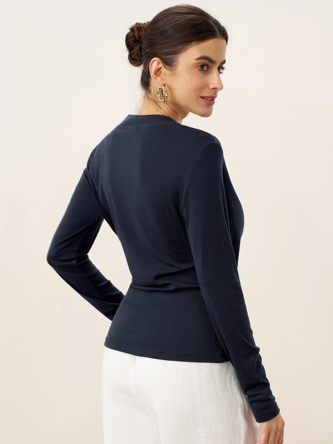 Wool Lyocell Asymmetric Ruched Overlap V-Neck Top TILLY