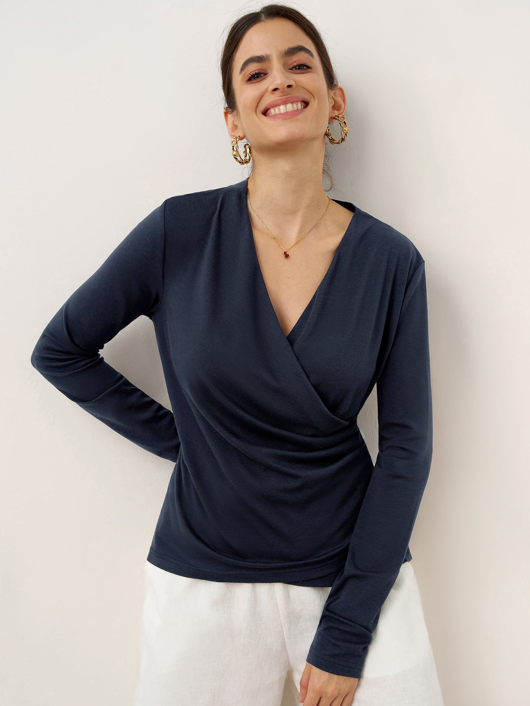 Wool Lyocell Asymmetric Ruched Overlap V-Neck Top TILLY