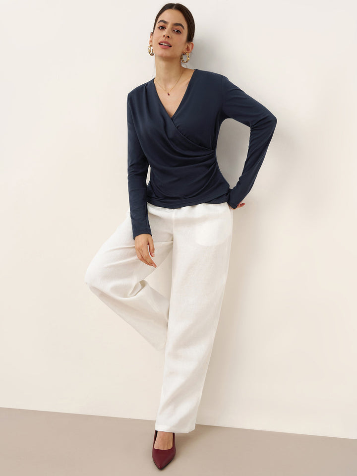 Wool Lyocell Asymmetric Ruched Overlap V-Neck Top TILLY