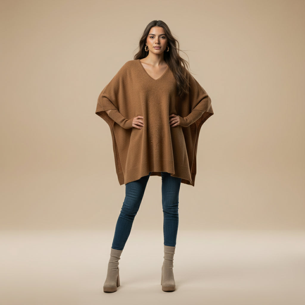 ERICA | Solid-color poncho with a V-neck and loose fit